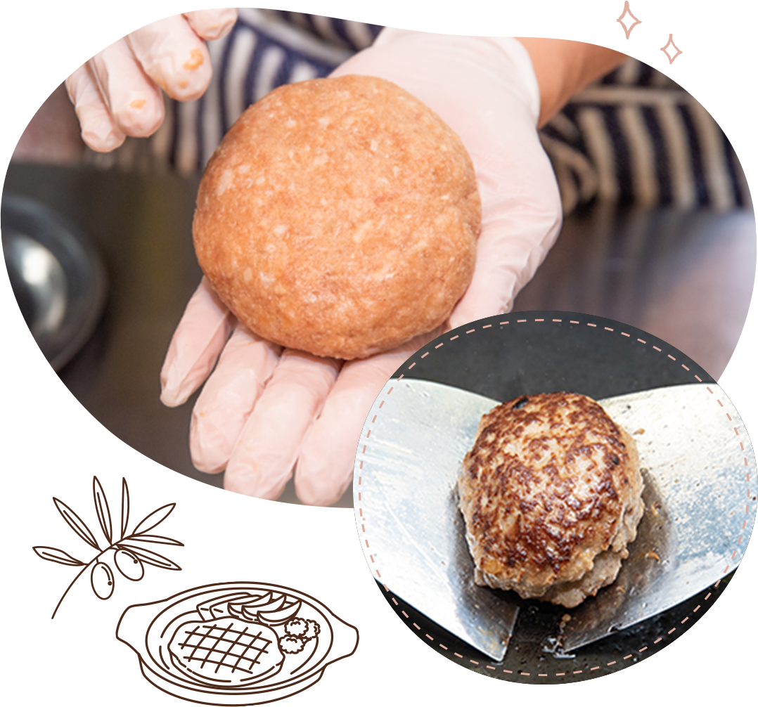 鉄板でじっくり焼き上げる自慢の手ごねハンバーグ